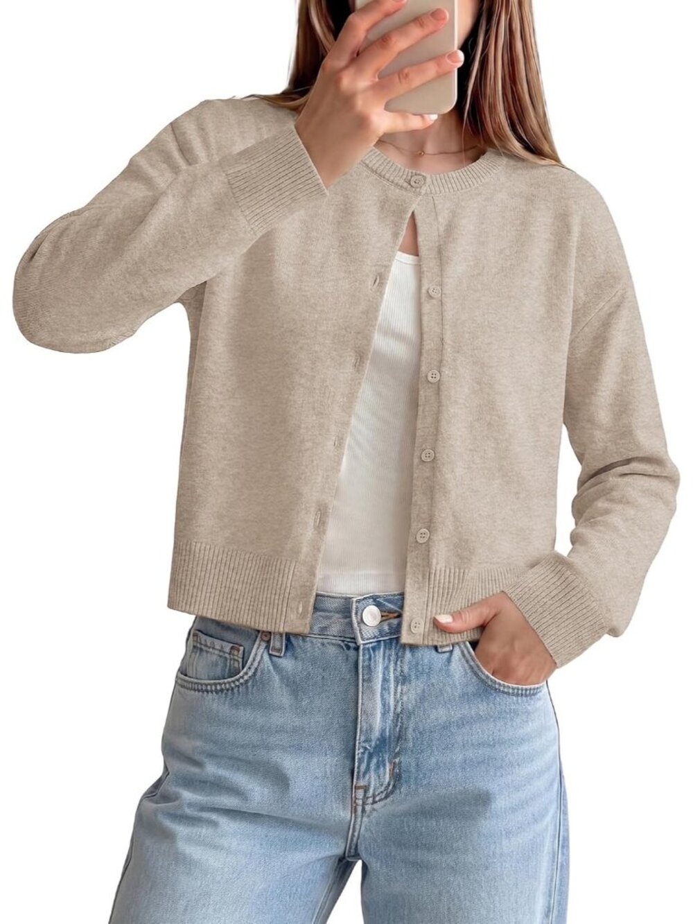 🆕Women's Tan Cropped Knit Cardigan Sweater Crew Neck Button Front Jacket